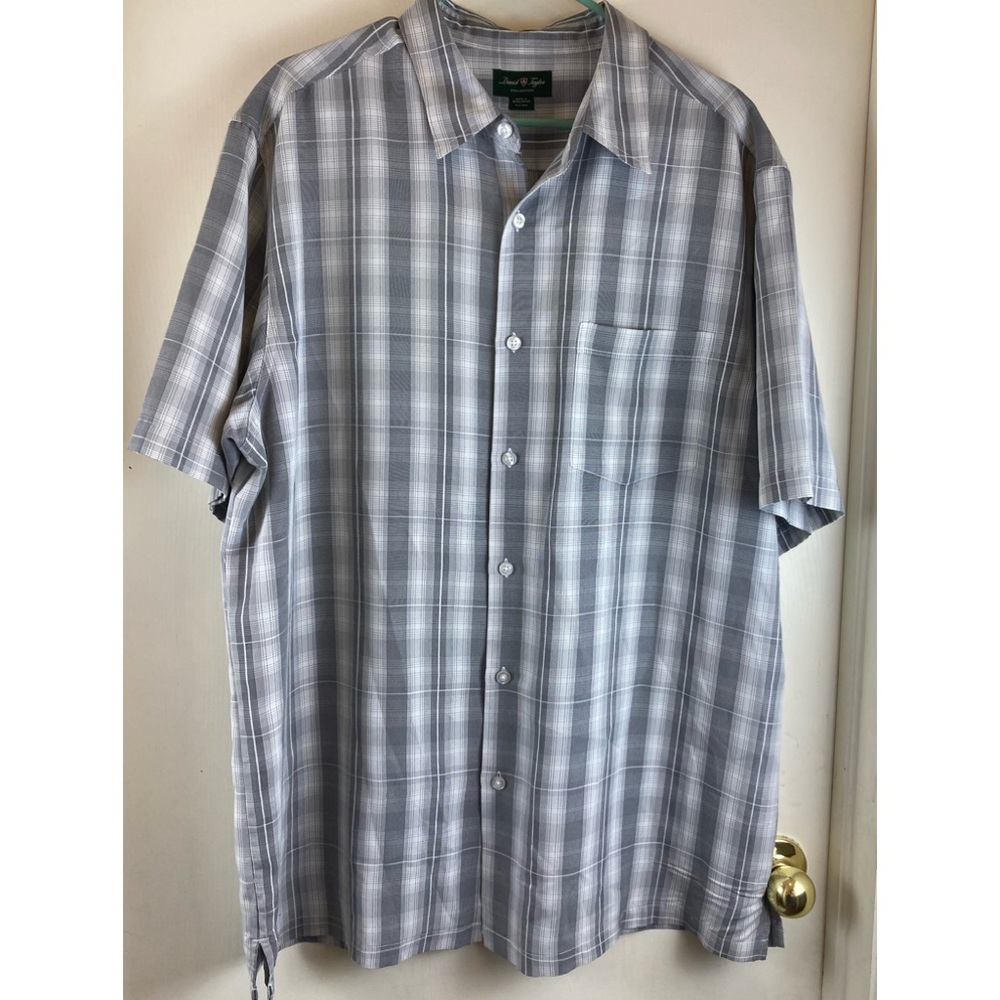 •David Taylor Collection Gray Plaid Button Down Short Sleeve XLT Shirt A185